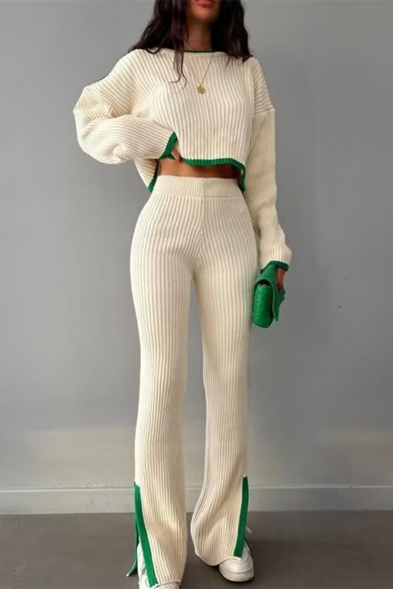Patchwork O Neck Long Sleeve Two Pieces