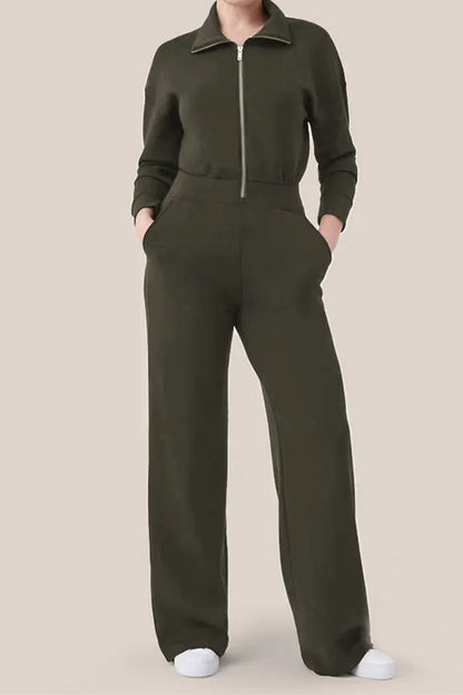 Simplicity Pocket Zipper Turndown Collar Jumpsuits