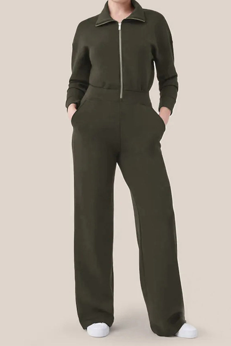 Simplicity Pocket Zipper Turndown Collar Jumpsuits