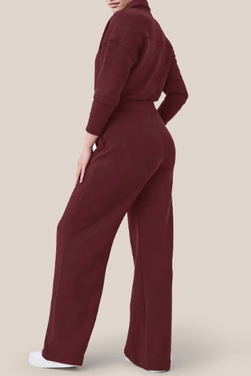 Simplicity Pocket Zipper Turndown Collar Jumpsuits