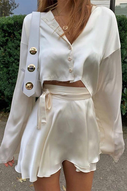 Asymmetrical V Neck Long Sleeve Two Pieces