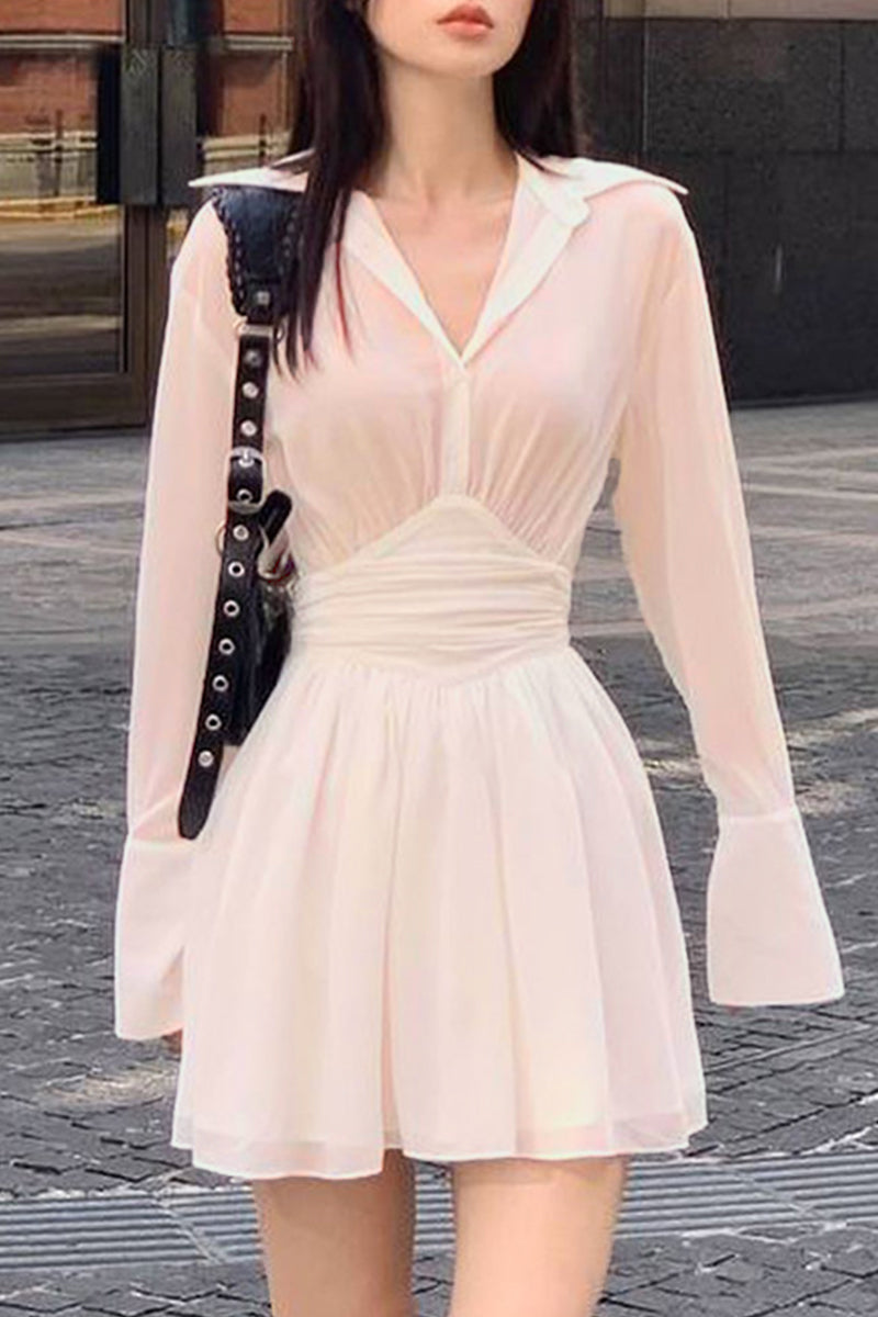 Sweet Buckle Turndown Collar Waist Skirt Dresses