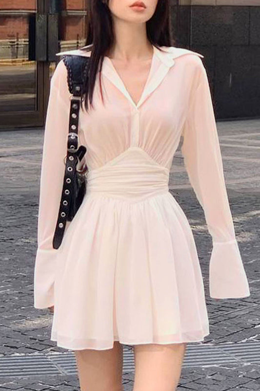 Sweet Buckle Turndown Collar Waist Skirt Dresses