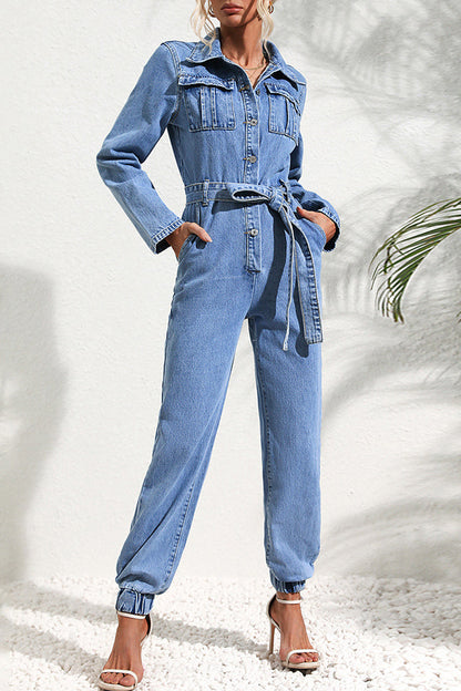 Street Bandage Pocket Turndown Collar Long Sleeve Regular Denim Jumpsuits