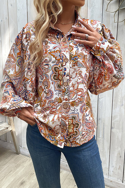 Print Buckle Turndown Collar Blouses