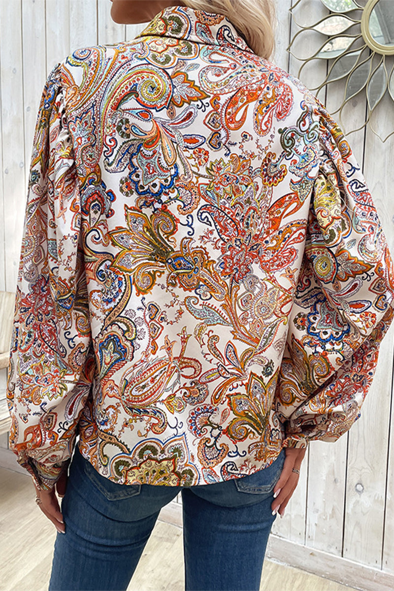 Print Buckle Turndown Collar Blouses