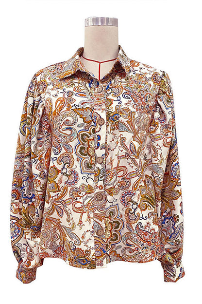 Print Buckle Turndown Collar Blouses