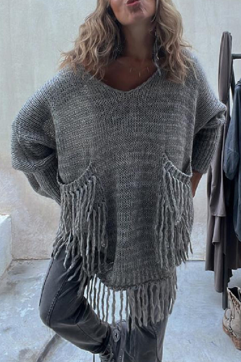 Tassel Pocket Weave O Neck Sweaters(3 Colors)