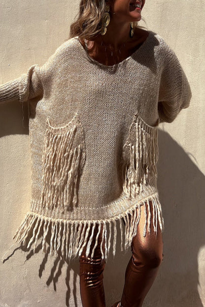 Tassel Pocket Weave O Neck Sweaters(3 Colors)
