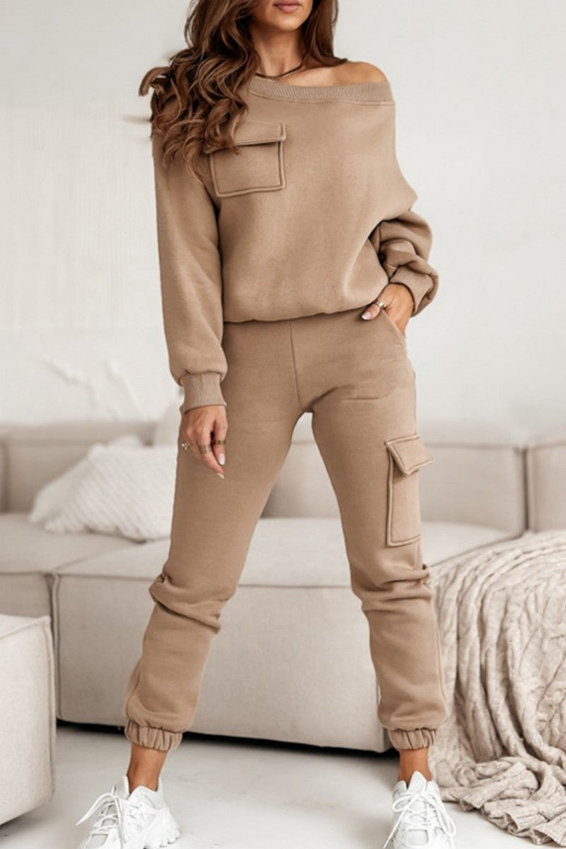 Patchwork Oblique Collar Long Sleeve Two Pieces