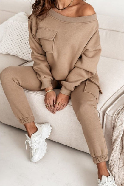 Patchwork Oblique Collar Long Sleeve Two Pieces