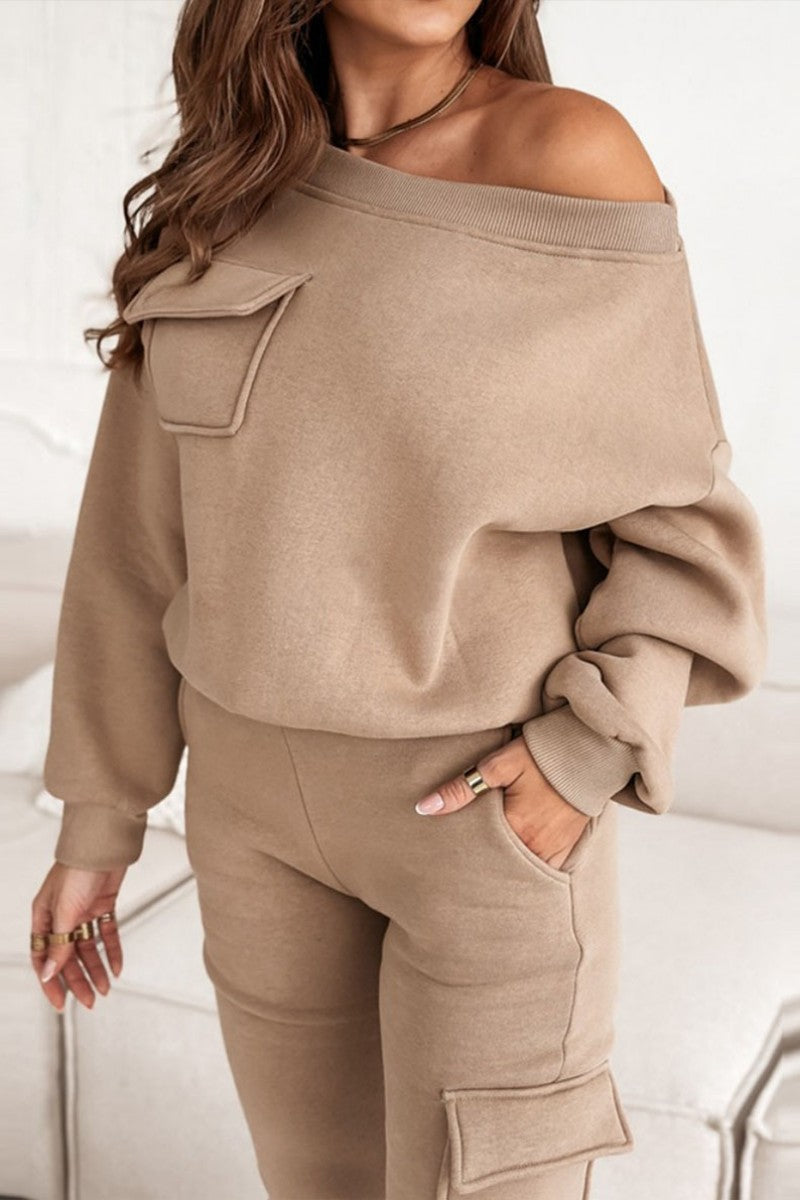 Patchwork Oblique Collar Long Sleeve Two Pieces
