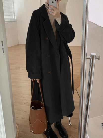 Classic Double-breasted Long Coat With Lapel Collar and Belt