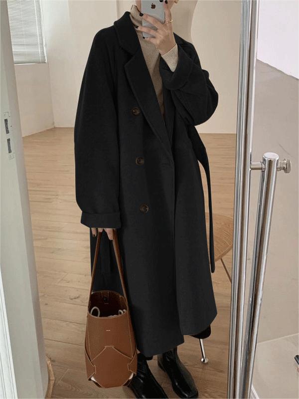 Classic Double-breasted Long Coat With Lapel Collar and Belt