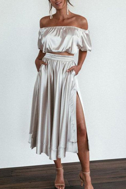 Pocket Slit Off the Shoulder Short Sleeve Two Pieces