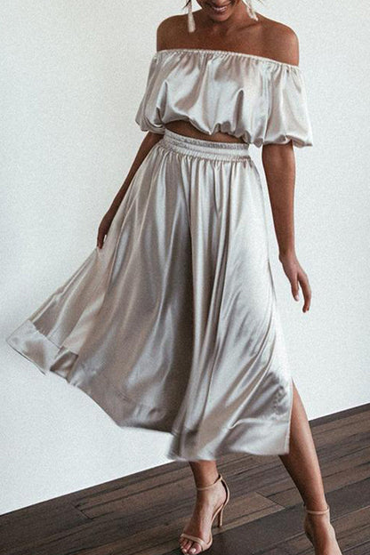 Pocket Slit Off the Shoulder Short Sleeve Two Pieces
