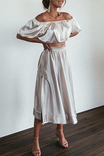 Pocket Slit Off the Shoulder Short Sleeve Two Pieces