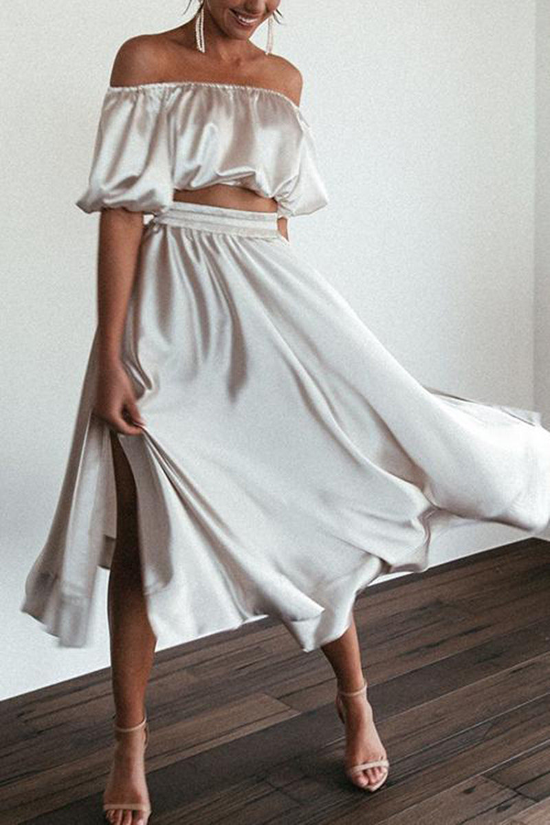 Pocket Slit Off the Shoulder Short Sleeve Two Pieces