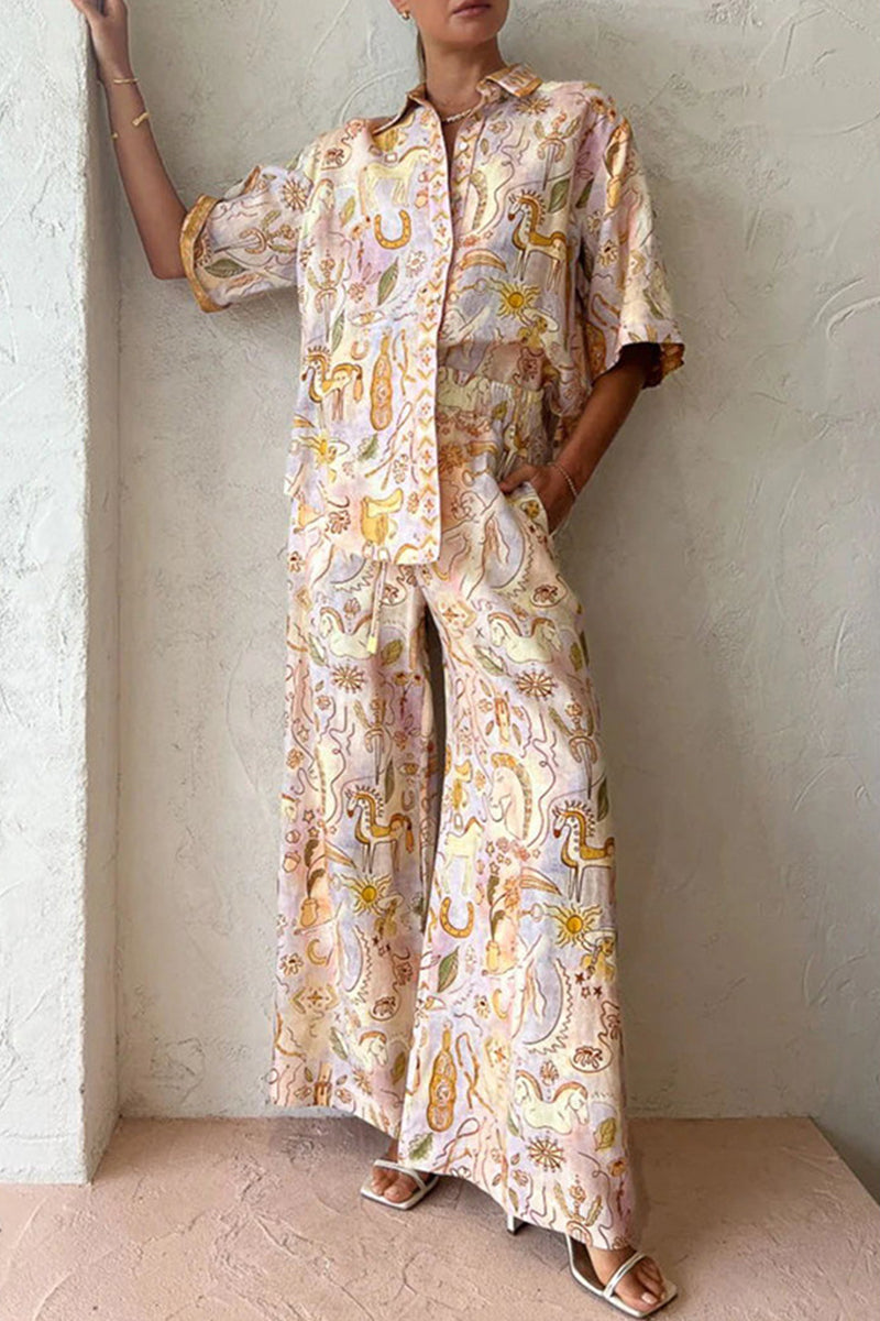 Print Pocket Turndown Collar Half Sleeve Two Pieces