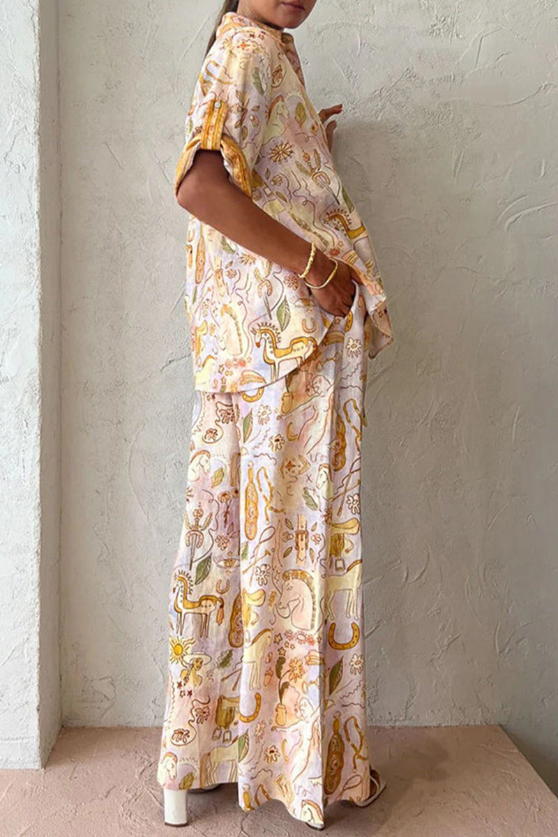 Print Pocket Turndown Collar Half Sleeve Two Pieces