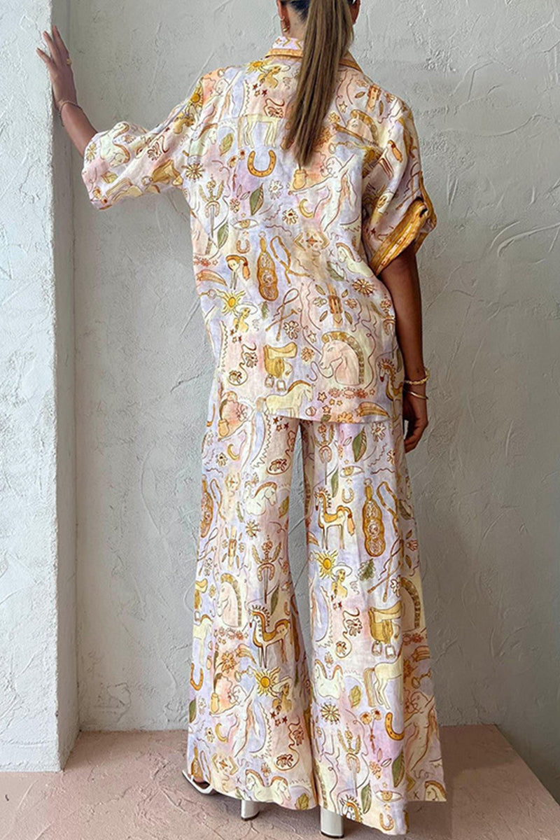 Print Pocket Turndown Collar Half Sleeve Two Pieces
