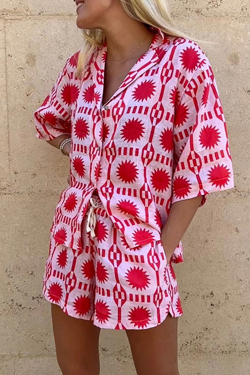 Vacation Print Pocket Turndown Collar Short Sleeve Two Pieces