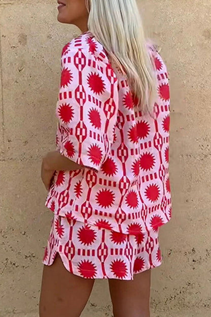 Vacation Print Pocket Turndown Collar Short Sleeve Two Pieces