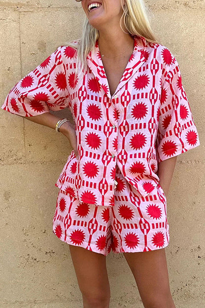 Vacation Print Pocket Turndown Collar Short Sleeve Two Pieces
