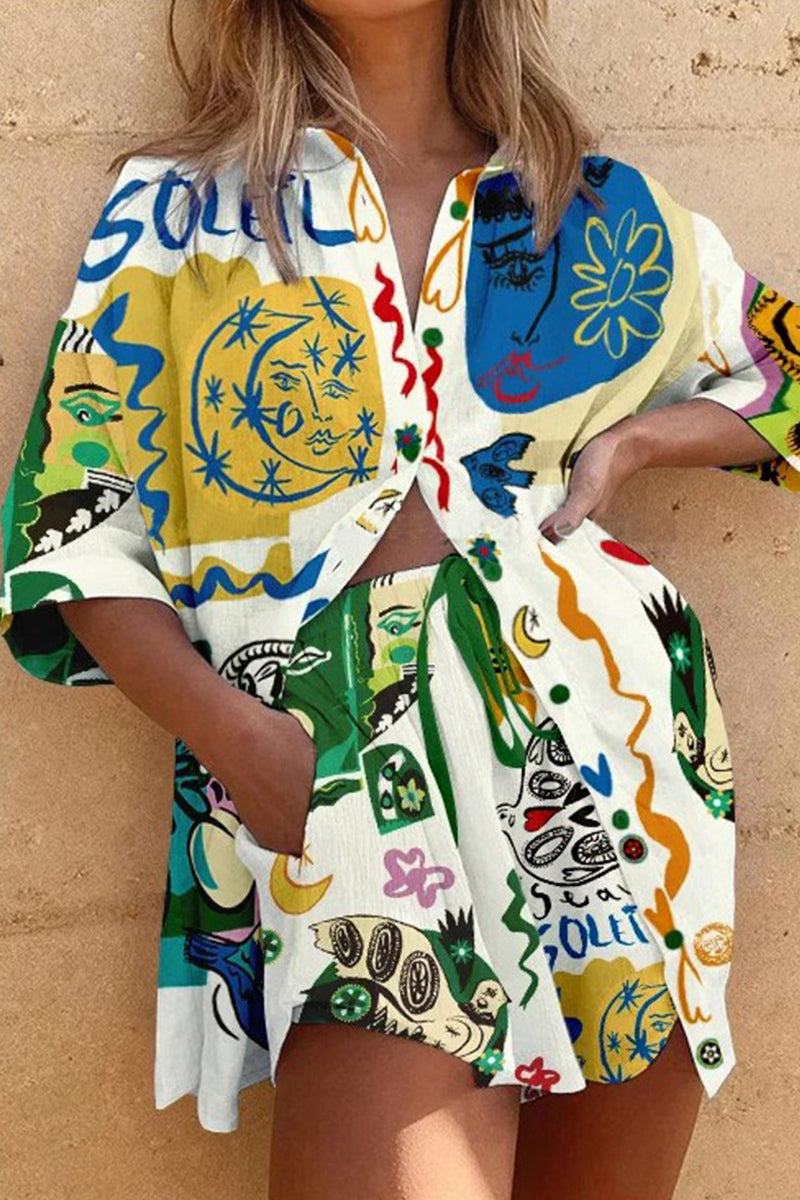 Animal Printing Turndown Collar Short Sleeve Two Pieces