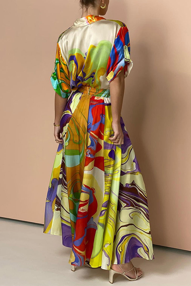 Geometric Printing Turndown Collar Short Sleeve Two Pieces