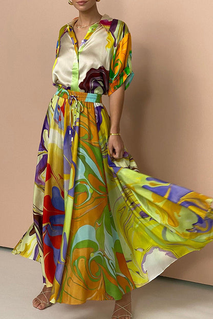 Geometric Printing Turndown Collar Short Sleeve Two Pieces