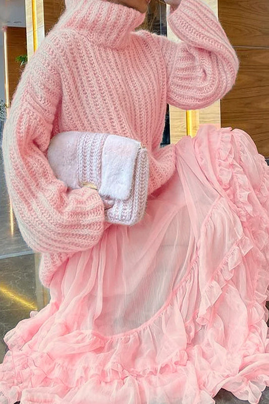 Sweet Flounce Turtleneck Long Sleeve Two Pieces
