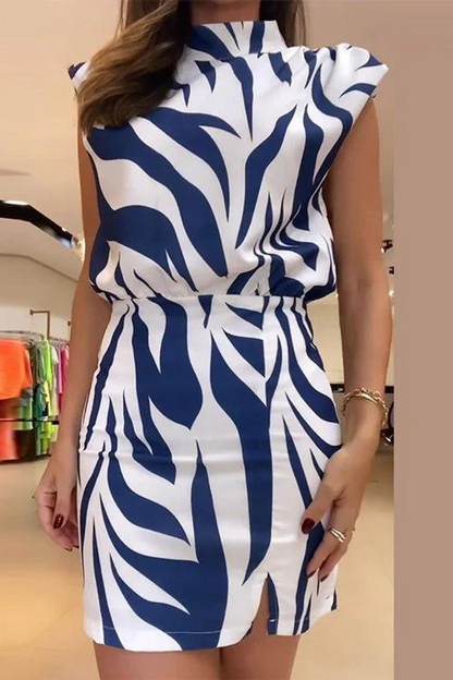 Geometric Print Backless Half a Turtleneck Wrapped Skirt Dresses