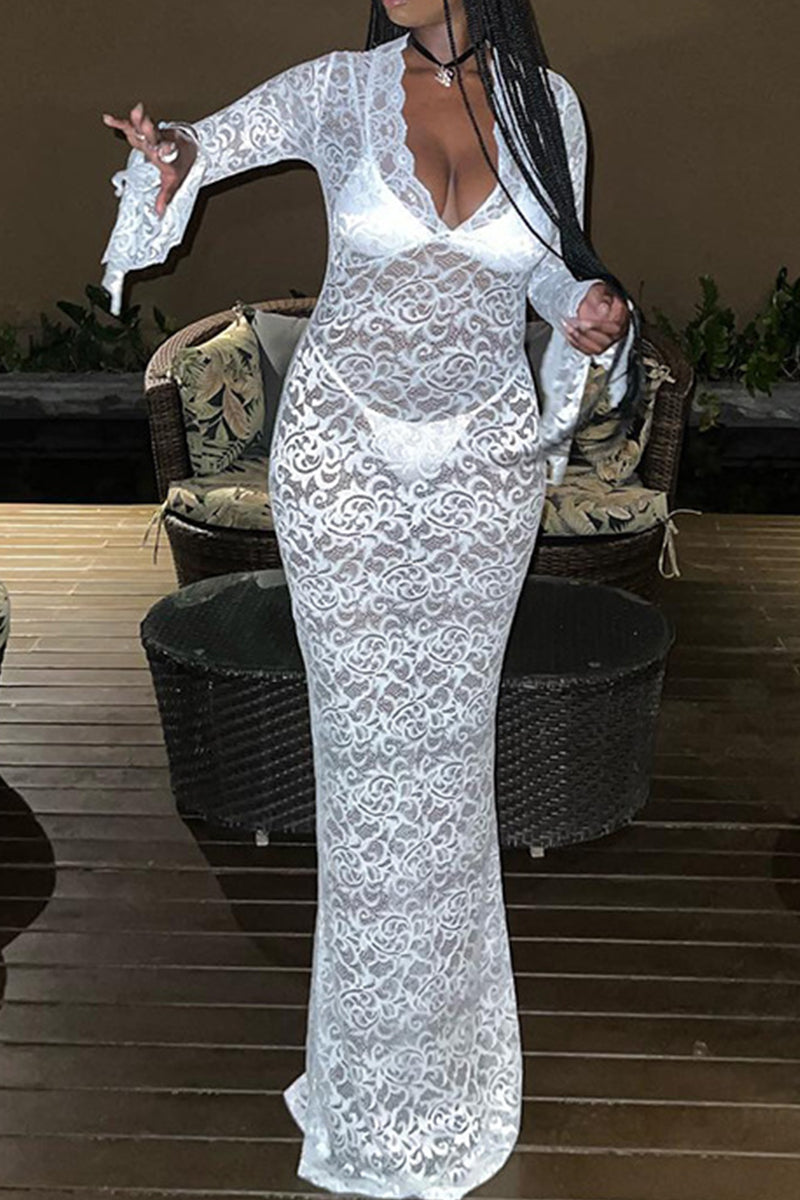 Street Lace Patchwork See-through V Neck Long Dress Dresses