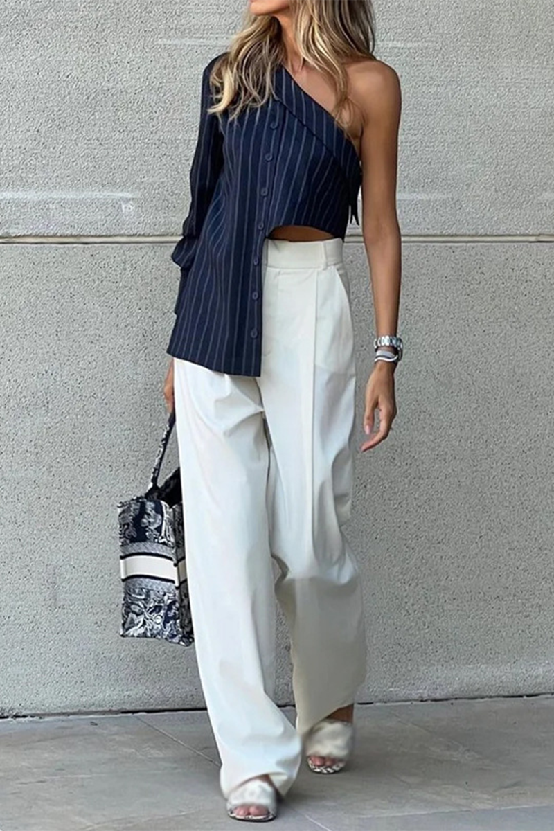 British Style Striped Pocket Oblique Collar Long Sleeve Two Pieces