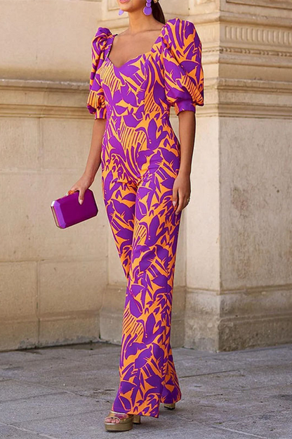 Geometric Print Patchwork V Neck Regular Jumpsuits
