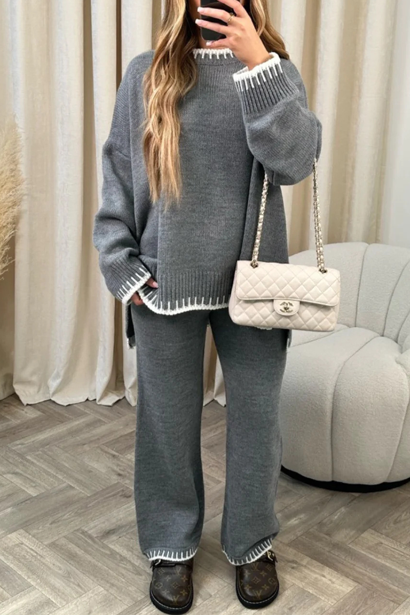 Patchwork O Neck Long Sleeve Two Pieces