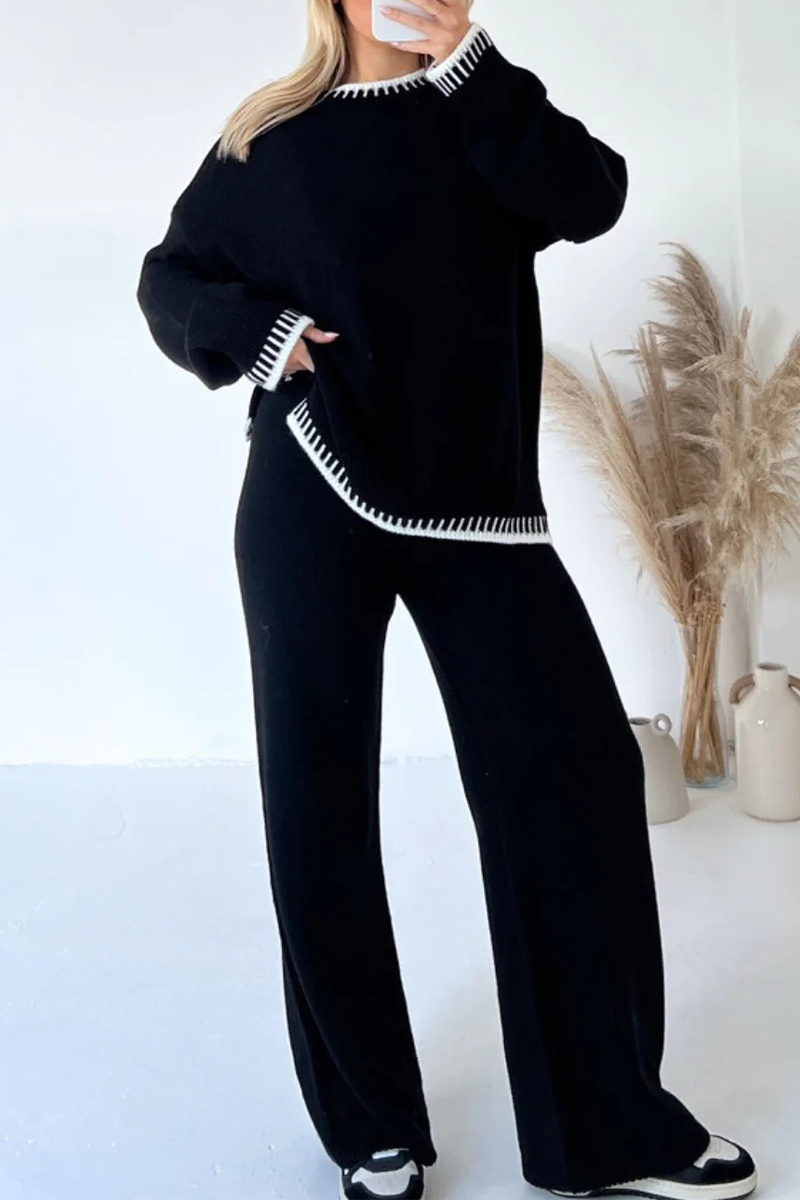Patchwork O Neck Long Sleeve Two Pieces