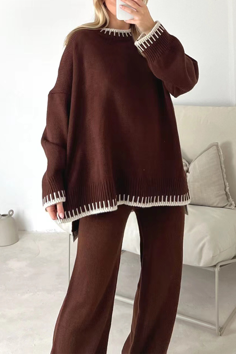Patchwork O Neck Long Sleeve Two Pieces