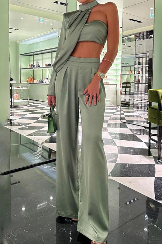 Backless Asymmetrical Halter Long Sleeve Two Pieces