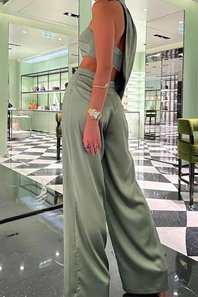 Backless Asymmetrical Halter Long Sleeve Two Pieces