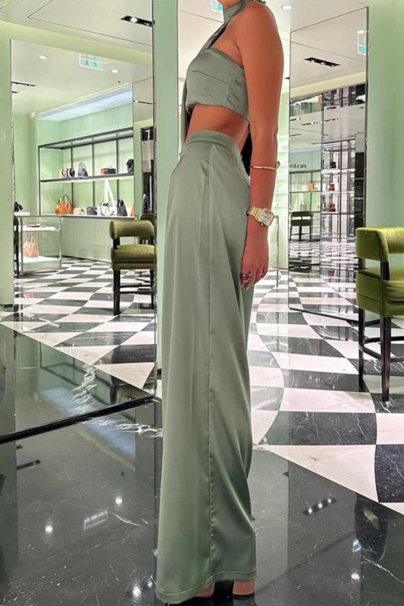 Backless Asymmetrical Halter Long Sleeve Two Pieces