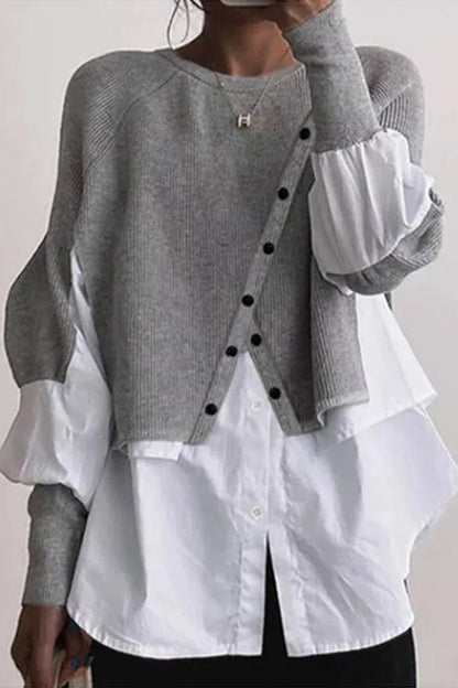 Patchwork Buttons O Neck Blouses(6 Colors)