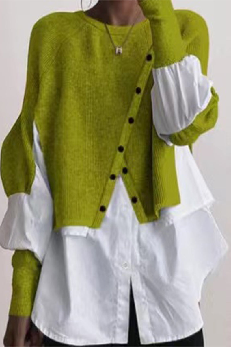 Patchwork Buttons O Neck Blouses(6 Colors)