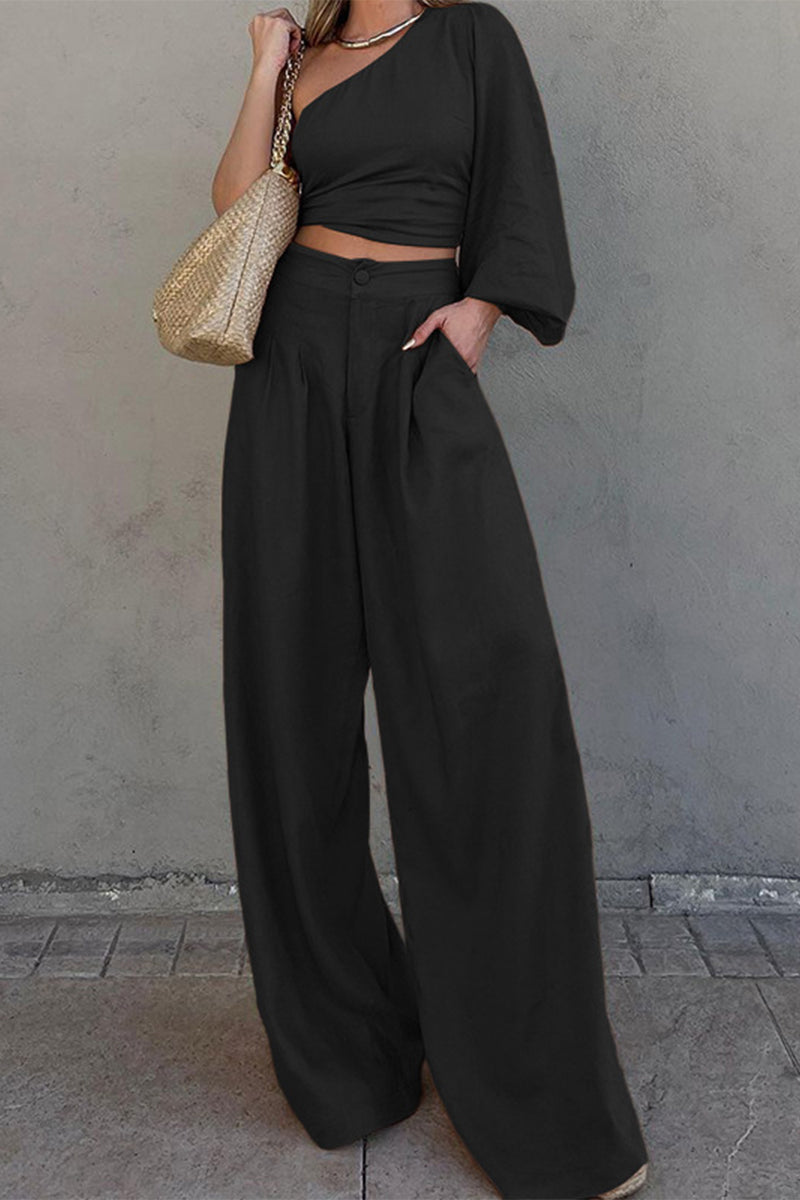 Bandage Pocket Oblique Collar Long Sleeve Two Pieces
