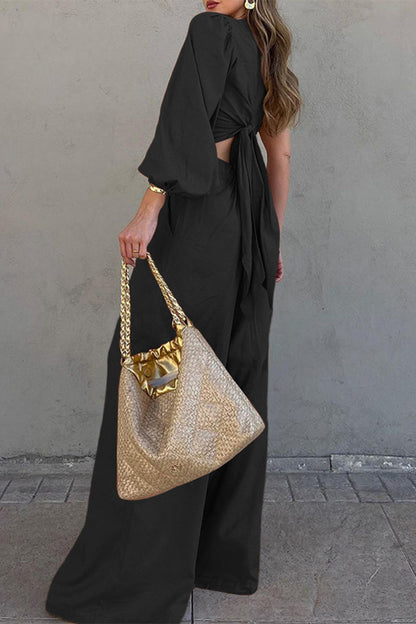 Bandage Pocket Oblique Collar Long Sleeve Two Pieces