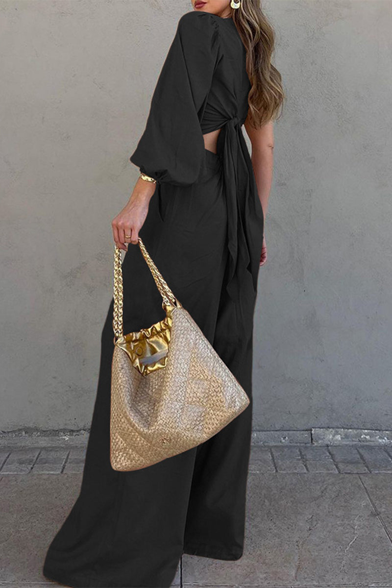 Bandage Pocket Oblique Collar Long Sleeve Two Pieces