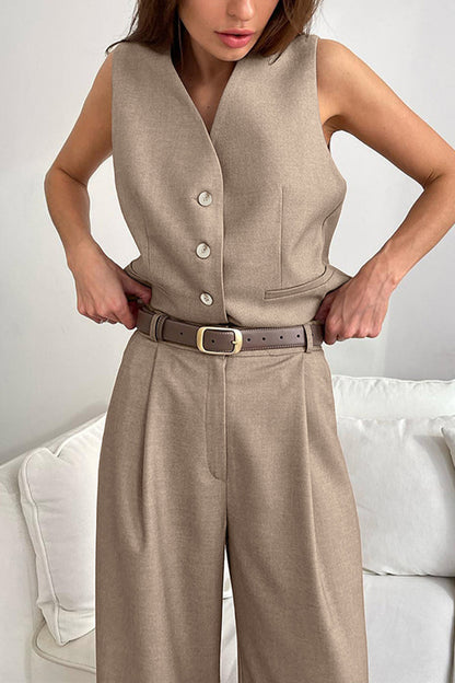 British Style Simplicity Pocket V Neck Sleeveless Two Pieces