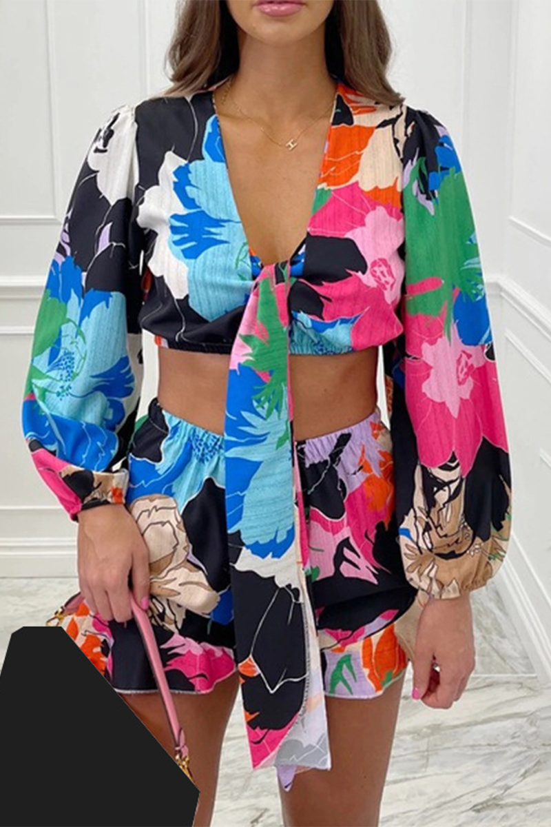 Not Positioning Printed Frenulum V Neck Long Sleeve Two Pieces