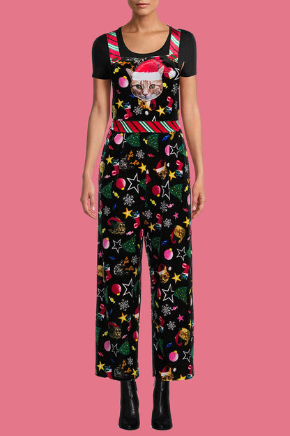 Wapiti Snowflakes Christmas Tree Printed Patchwork Square Collar Loose Jumpsuits